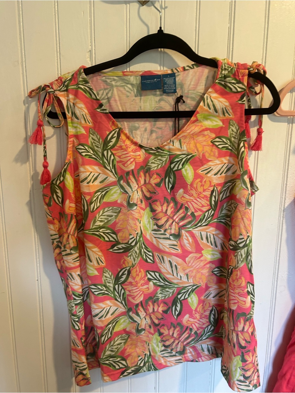 Caribbean Joe Coral Pink Tropical Tie-Shoulder Tank